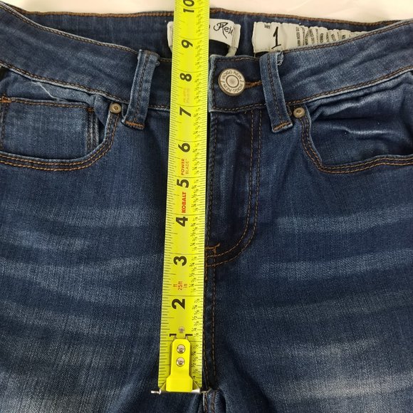 Indigo Rein Jeans Juniors 1 Mid Rise Ankle Distressed Stripe Accent Blue Denim - Picture 4 of 14